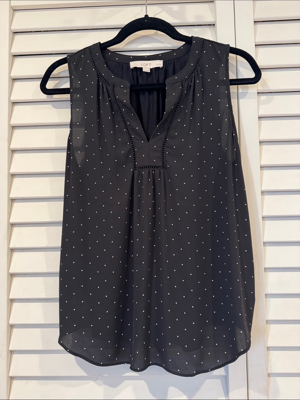LOFT Black Polka Dot Sleeveless Mixed Media Top